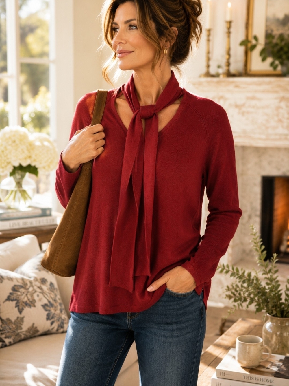 Chico's Tie Neck Sweater Size 1 Brick Burgundy Soft Knit Long Sleeve Top Elegant
